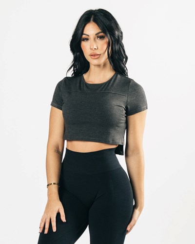 Alphalete Cropped Premium Lyhyt Sleeve Mustat | 027MGVYNU