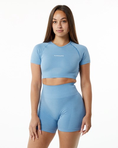 Alphalete Cropped Seamless Lyhyt Sleeve Washed Denim | 095ITNUFO
