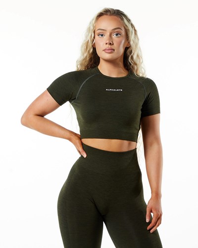 Alphalete Cropped Seamless Lyhyt Sleeve Evergreen | 246ZGUPIL