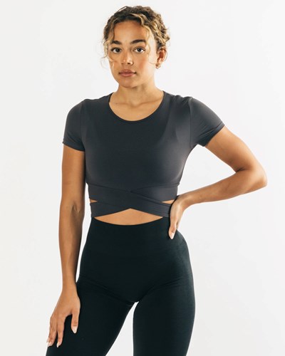 Alphalete Fitted Lyhyt Sleeve Tie Top Tummanharmaat | 615BZNLJS