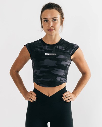 Alphalete High Performance Lyhyt Sleeve Crop Tee Mustat Camo | 853EGLZHT