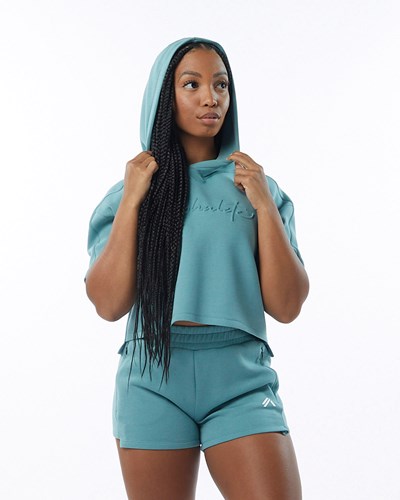 Alphalete Interlock Knit Crop Hoodie Teal | 341FGVJLB