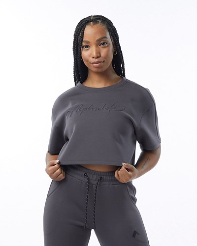 Alphalete Interlock Knit Crop Pullover Charcoal | 378WGJVTN