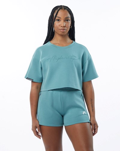 Alphalete Interlock Knit Crop Pullover Teal | 710NJXLBY