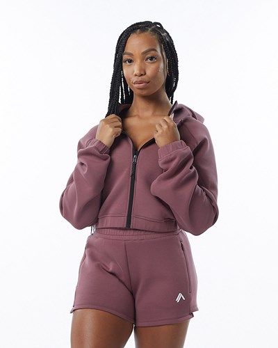 Alphalete Interlock Knit Crop-Zip Hoodie Mauve | 052LJHCAE