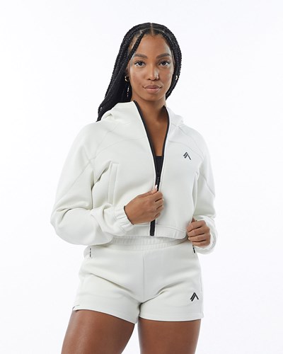 Alphalete Interlock Knit Crop-Zip Hoodie Kerma | 054NTDZVU
