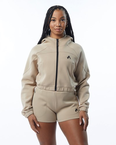Alphalete Interlock Knit Crop-Zip Hoodie Tan | 368EMVSAR