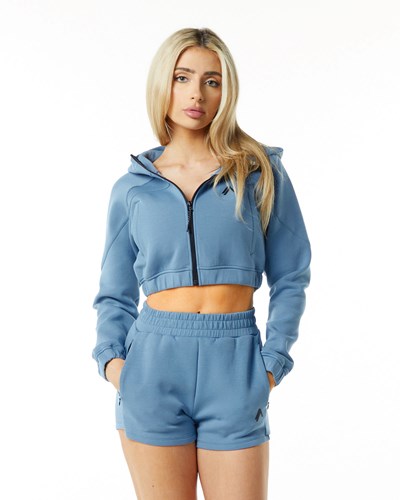Alphalete Interlock Knit Crop-Zip Hoodie Sininen | 409TUNRLC