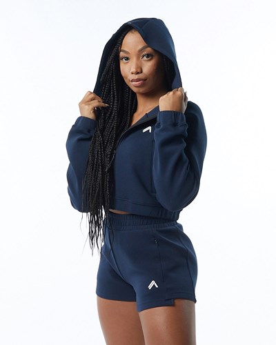 Alphalete Interlock Knit Crop-Zip Hoodie Laivastonsininen | 507RJQVEH