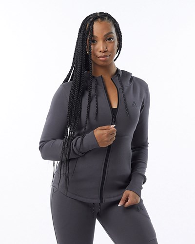 Alphalete Interlock Knit Full-Zip Hoodie Charcoal | 618EBUFPT