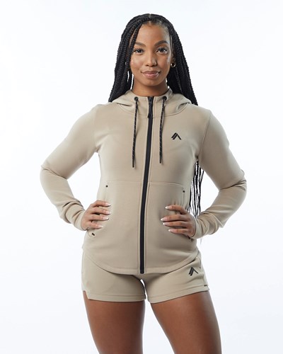 Alphalete Interlock Knit Full-Zip Hoodie Tan | 678VANXEJ