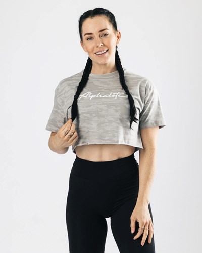Alphalete Oversized Raw-Cut Lyhyt Sleeve Crop Hopea Camo | 928AQUBVL