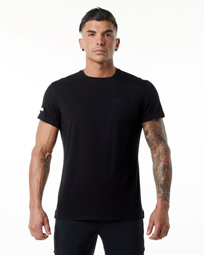 Alphalete Premium Lyhyt Sleeve Pocket Tee Mustat | 098NPKWHA